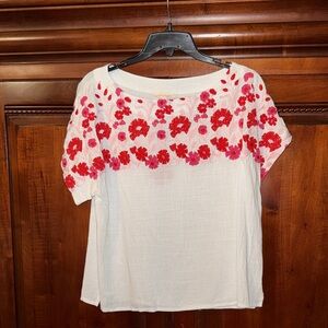 Solitaire White Blouse with Red & Pink Floral Embroidery Size Large